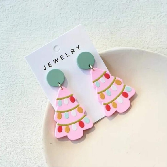 Pink Christmas Tree Earrings - Picture 3 of 4